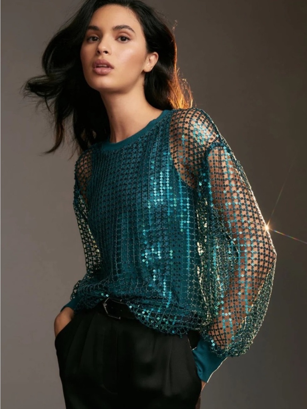 PILCRO Anthropologie Teal Long Sleeve Mesh Shiny Sequin Top Holiday Size L
